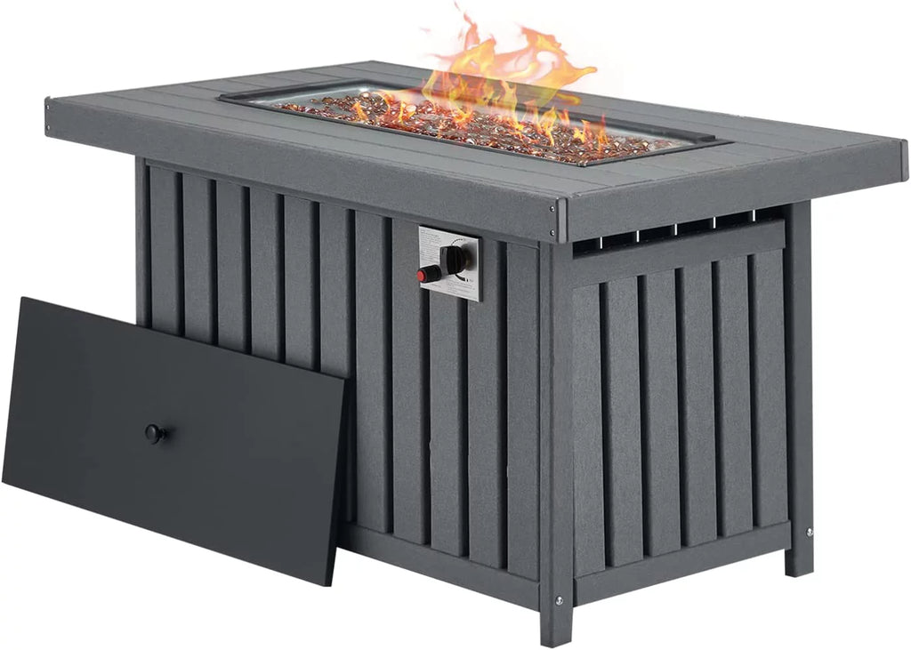 43 Inch HDPE Propane Fire Pit Table with Lid and Fire Glass, Gray E1551