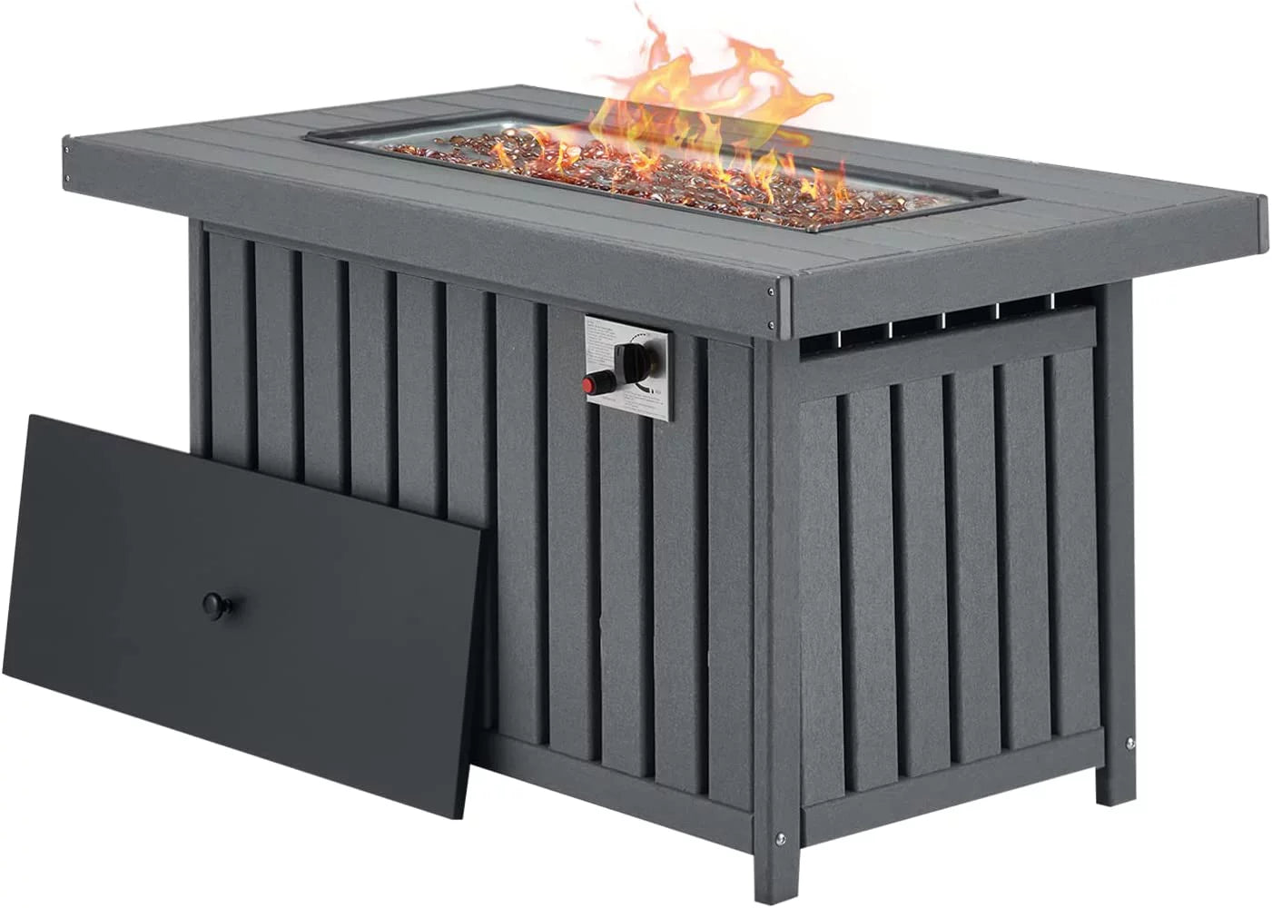 43 Inch HDPE Propane Fire Pit Table with Lid and Fire Glass, Gray E1551