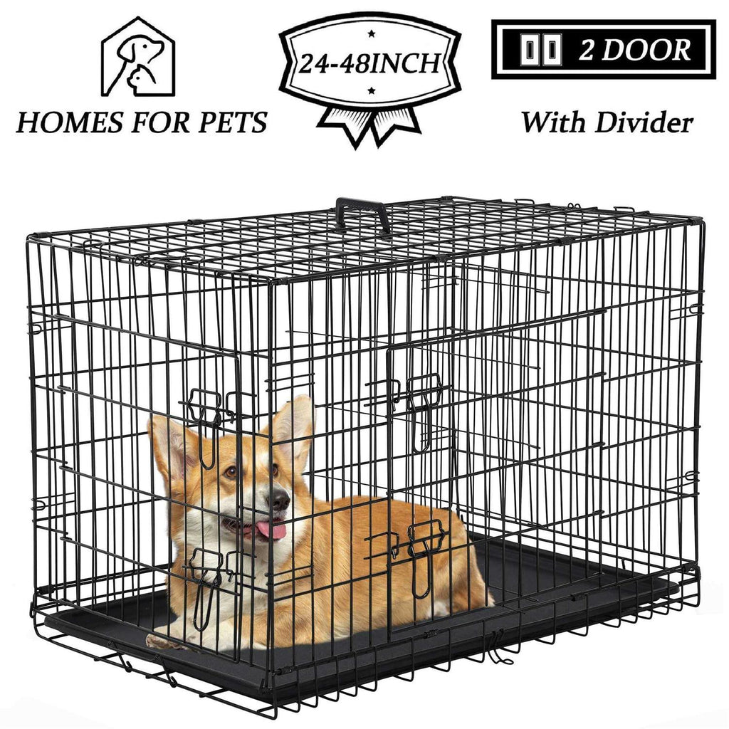 Foldable Large Dog Crate with Metal Wire Cage and Plastic Tray E34291