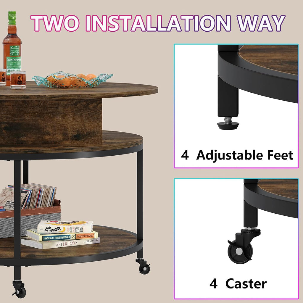 Round Lift Top Coffee Table with 2-Tier Storage and Wheels R2701