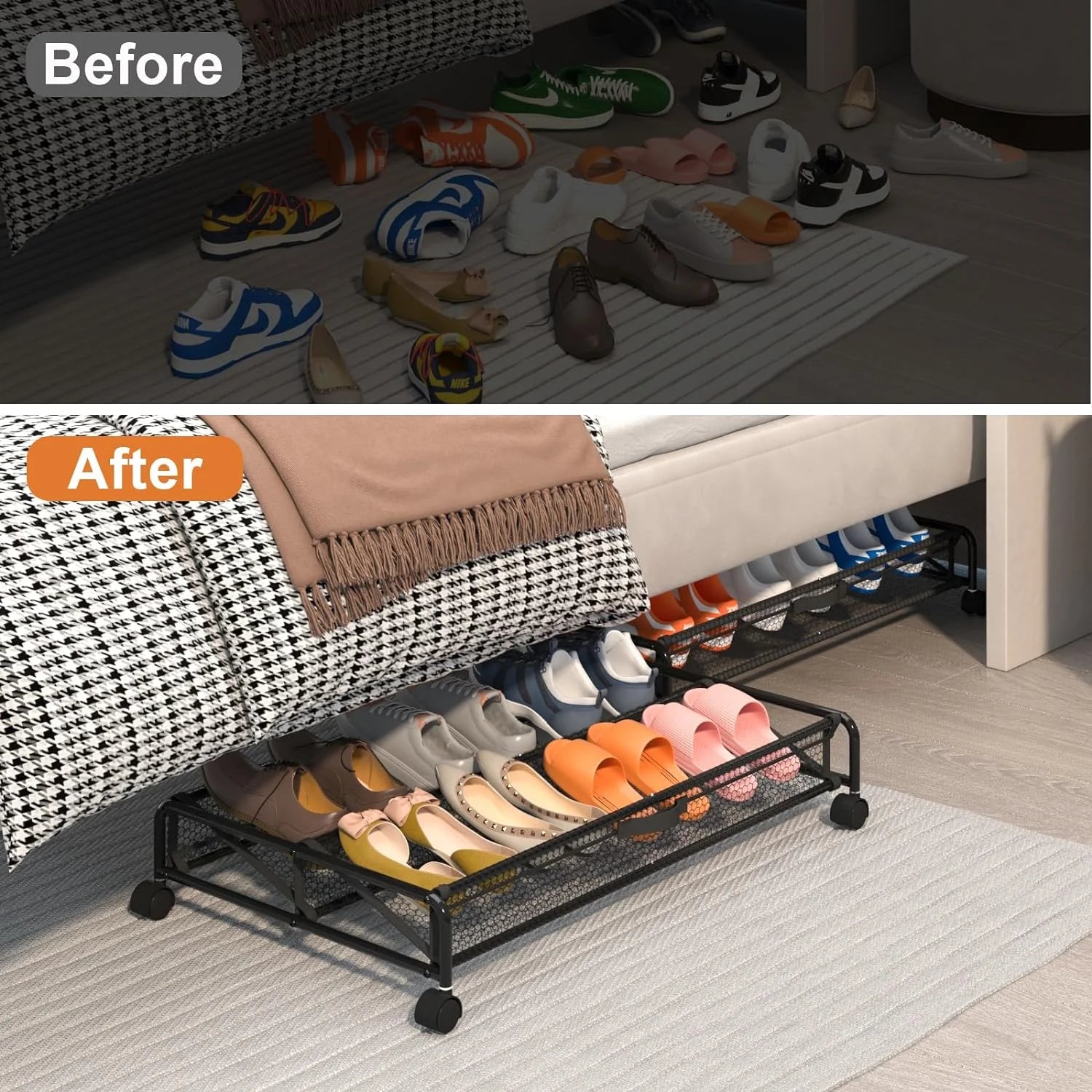 Under Bed Shoes Storage Containers with Wheels, Breathable Mesh R808214