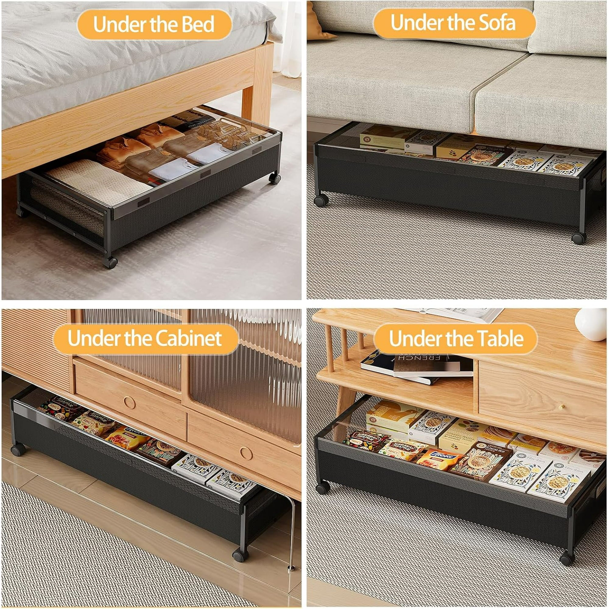 Under Bed Storage with Wheels, 2 Pack Rolling Metal Drawer for Clothes M92727