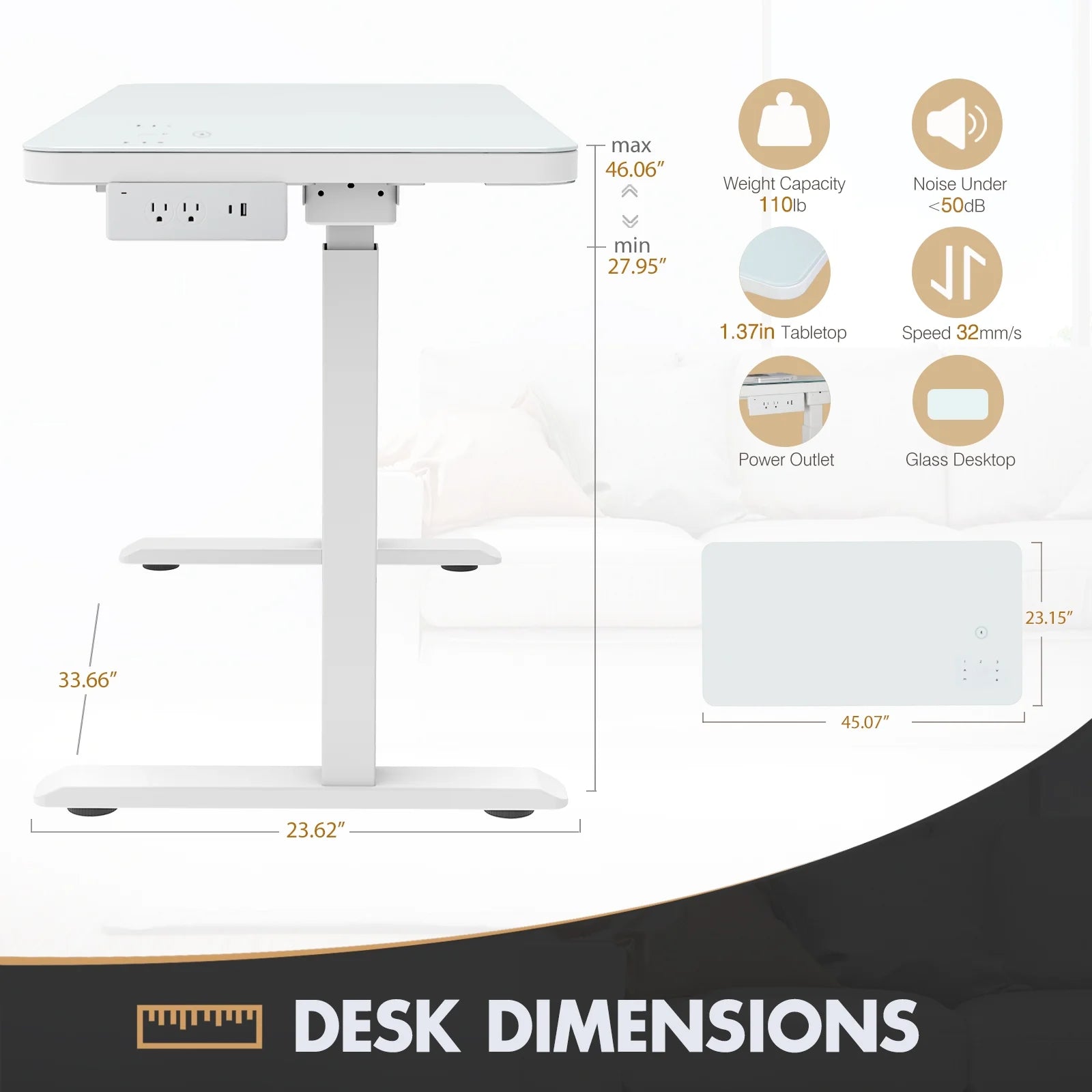 Electric Glass Standing Desk with Drawers, Dual Motor Height Adjustable, White J3363