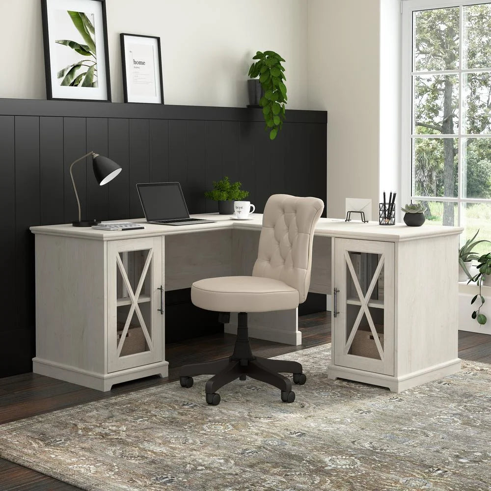L-shaped Engineered Wood Desk in Linen White Oak J442