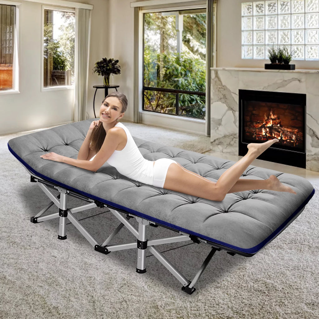 MOPHOTO Camping Cot for Adults, 75" Portable Folding Bed Rollaway Guest Bed with Noble Pearl Mattress & Carry Bag, Double Layer Oxford Strong Sleeping Cots