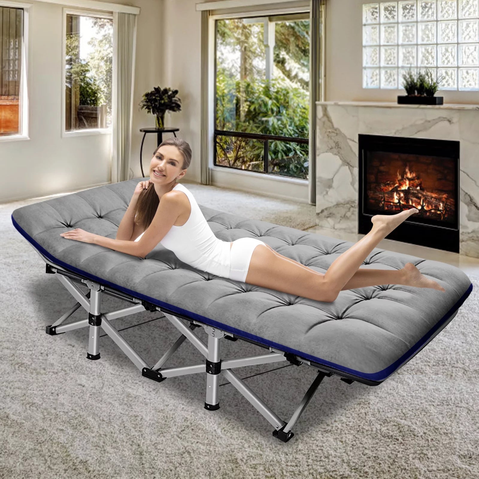 MOPHOTO Camping Cot for Adults, 75" Portable Folding Bed Rollaway Guest Bed with Noble Pearl Mattress & Carry Bag, Double Layer Oxford Strong Sleeping Cots