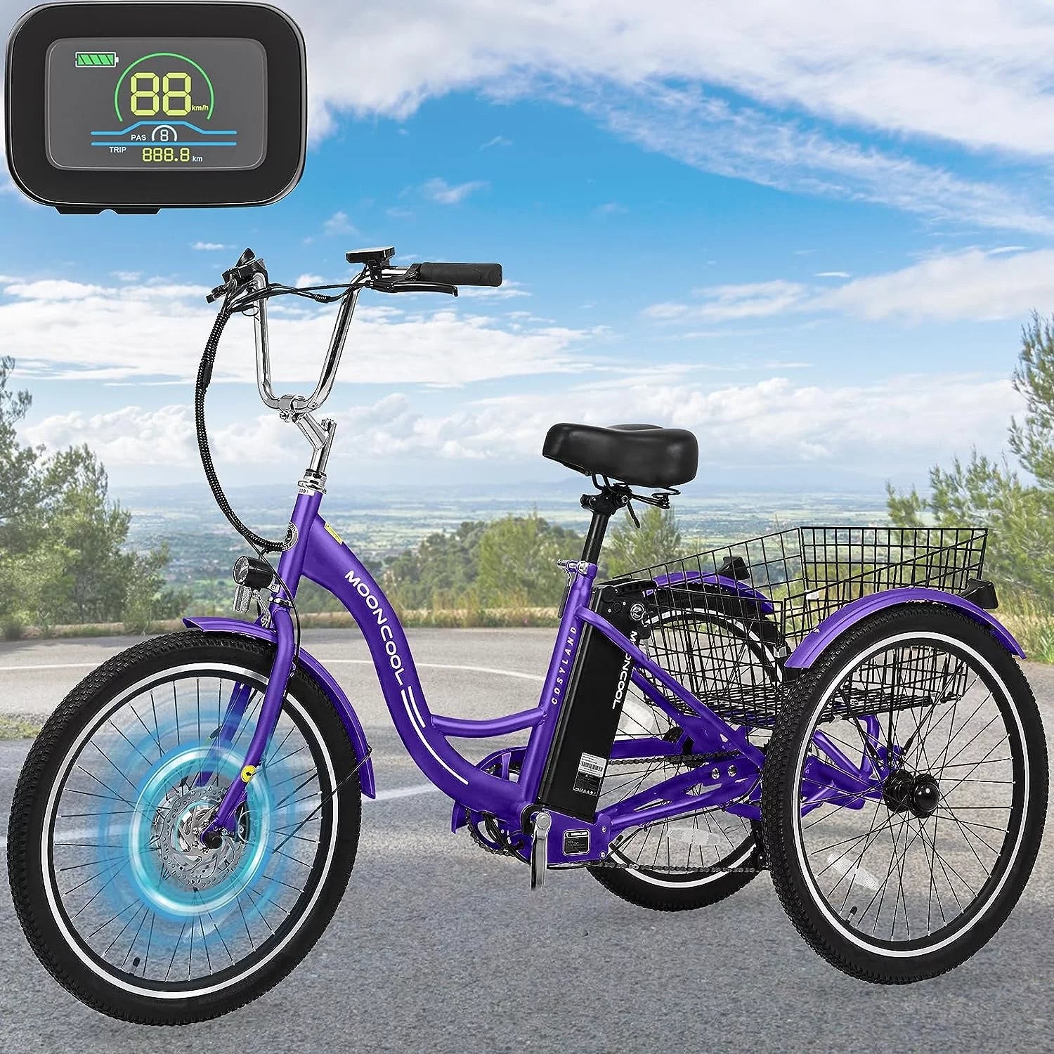 350W Electric Trike 7-Speed 3-Wheel Bicycle for Adults with Rear Basket A845073