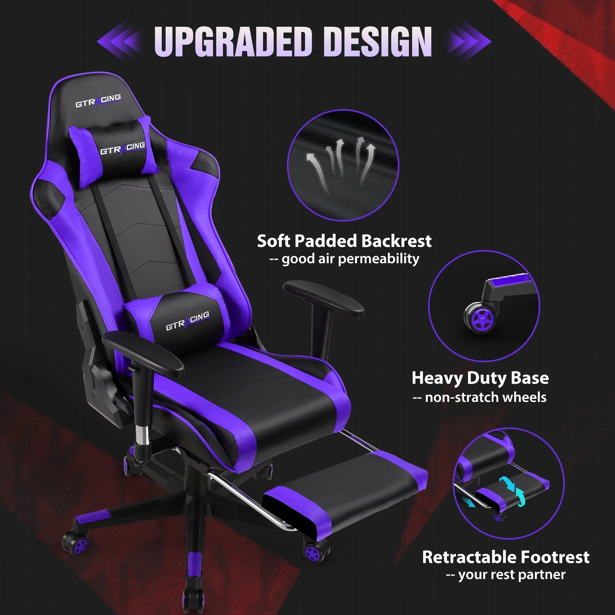 Gaming Chair with Footrest, PU Leather, Adjustable Headrest, Purple K923747