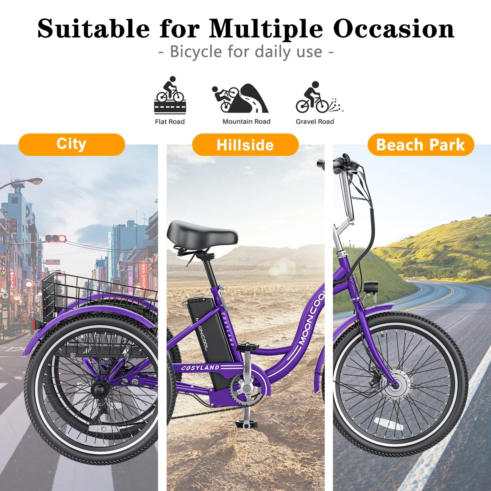 350W Electric Trike 7-Speed 3-Wheel Bicycle for Adults with Rear Basket A845073