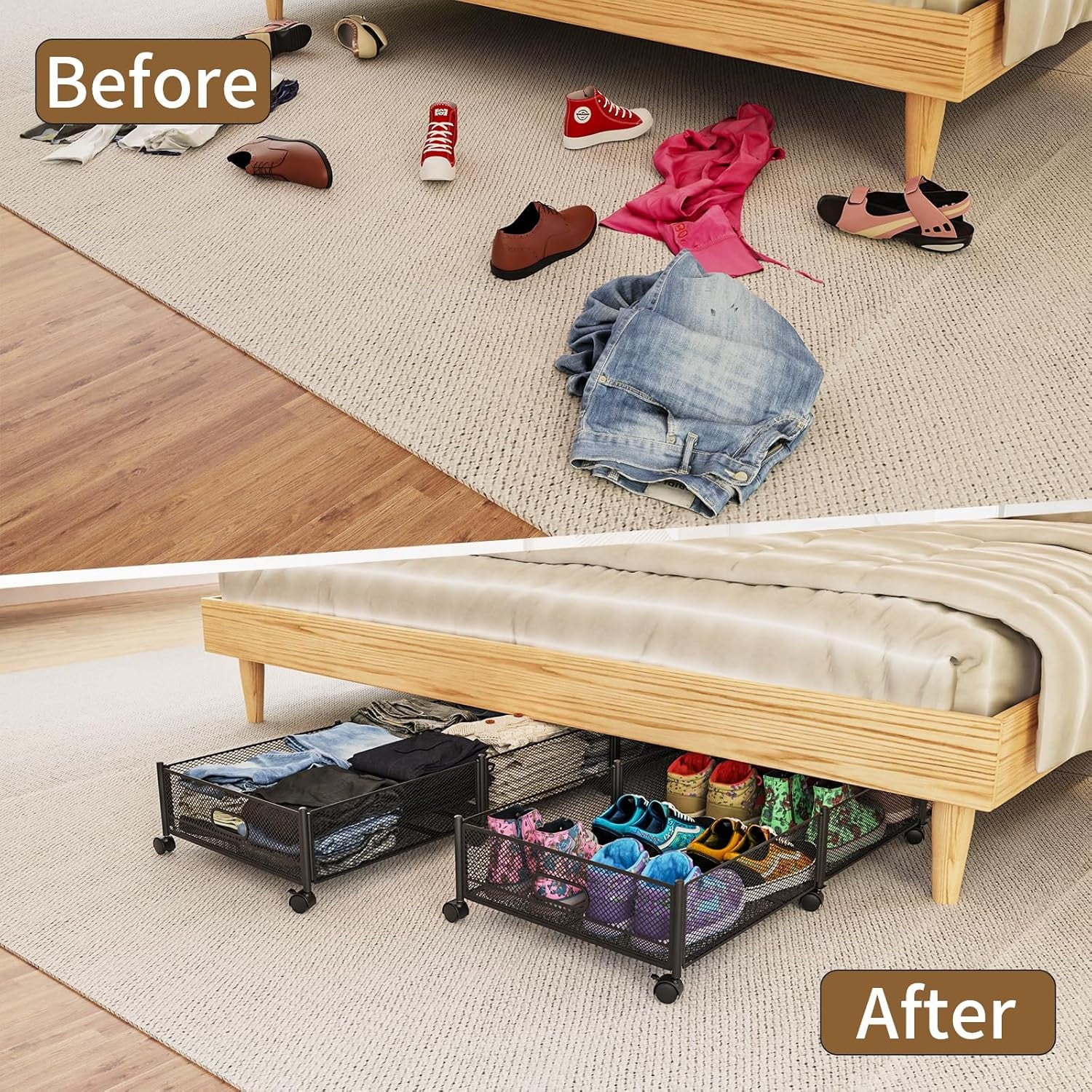 Under Bed Storage on Wheels, Large Capacity Rolling Containers, Foldable Drawers Y925938