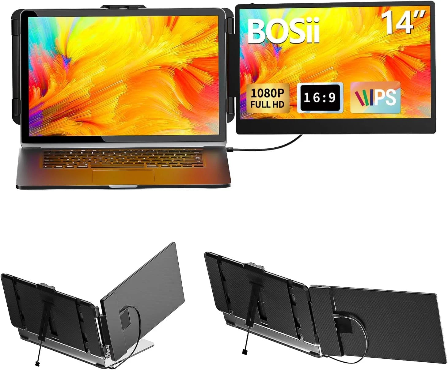 BOSII Laptop Screen Extender Monitor - 14 Inch Portable IPS FHD 1080P HDMI/USB-A/Type-C Extended Monitor for Laptops (Maximum Length: 15.94") Compatible with Windows Mac Travel Gaming Work