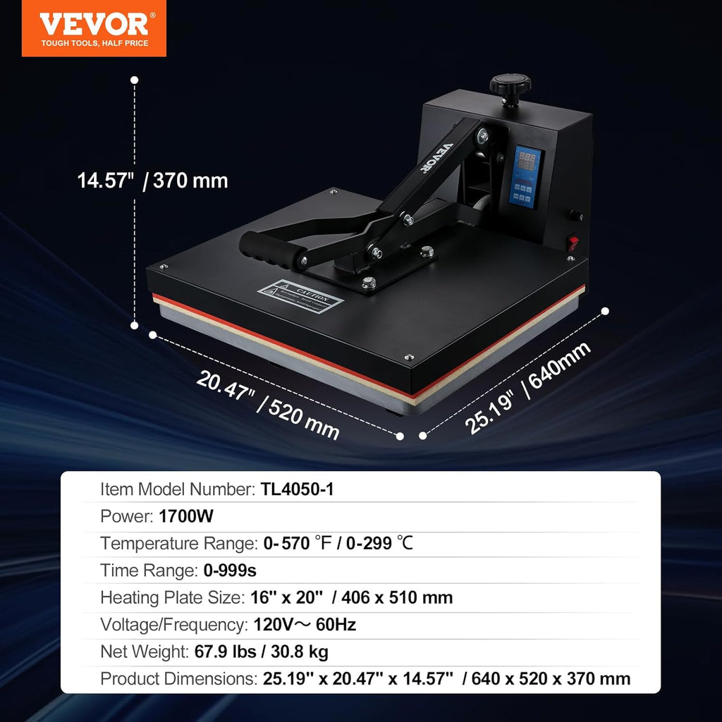 Heat Press Machine 16 x 20 in, Clamshell Sublimation Transfer Printer T838