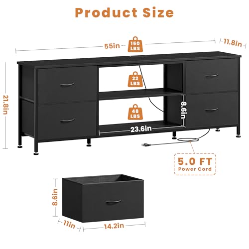 TV Stand with 4 Fabric Drawers and Open Shelves for 50" TV, Black Wood Veins I88170