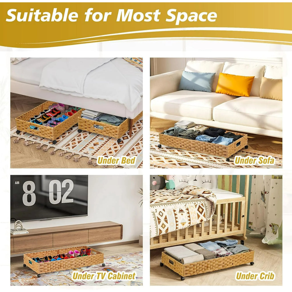Under Bed Storage Containers with Wheels, 2 Pack, Rattan Organizer Drawer L9868