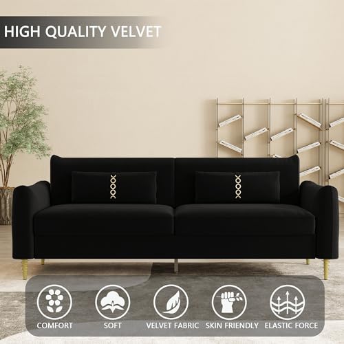 3-Seat Velvet Couch with Solid Wood Frame and Pillows Z663