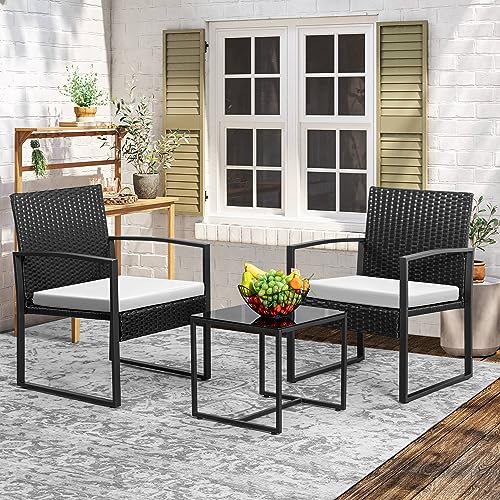 3 Piece Patio Set with Wicker Rattan Table and Chairs, White P349