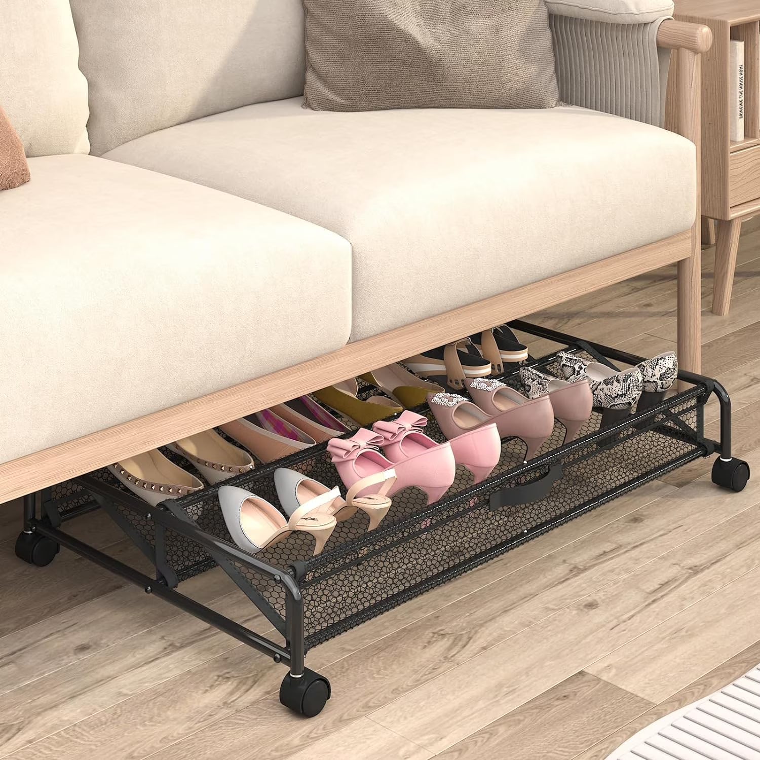 Under Bed Shoes Storage - 2 Pack Rolling Under-bed Storage Containers with Wheels, Breathable Mesh Fabric with Metal Frame