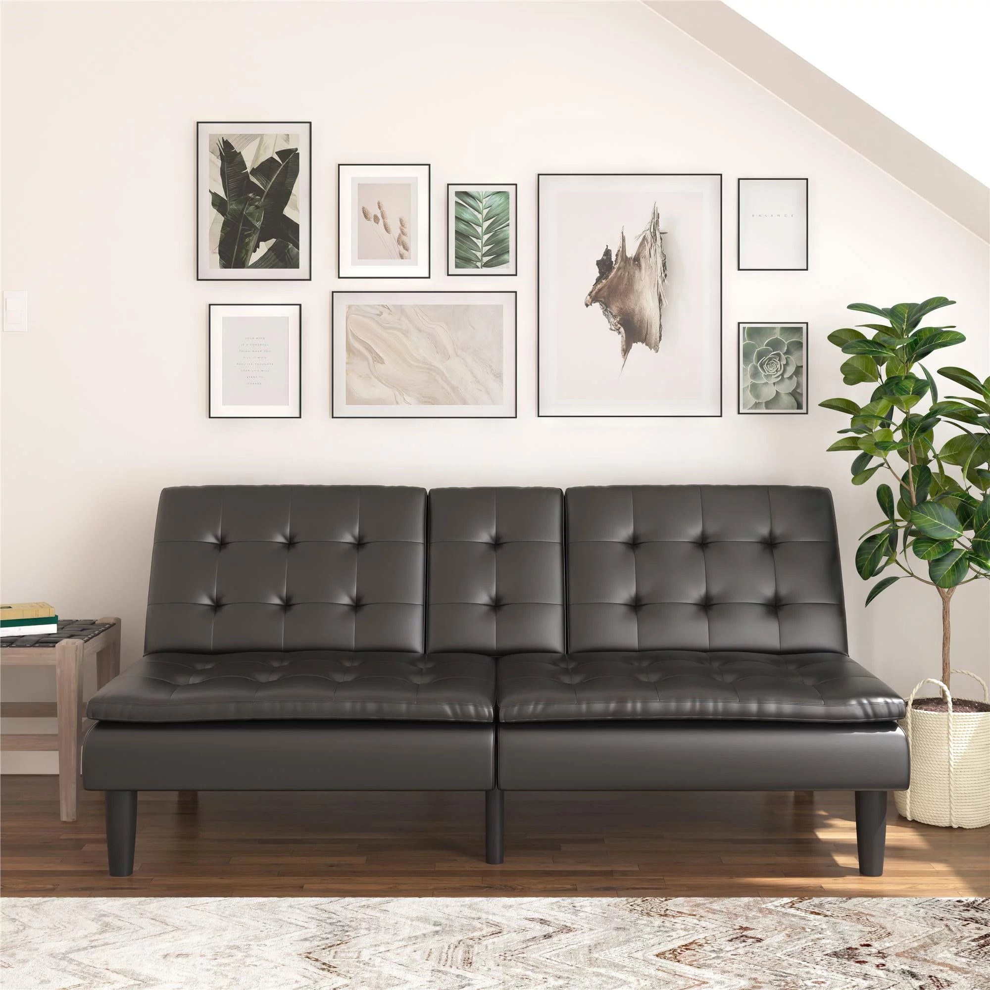 Memory Foam Futon with Cupholder and USB, Black Faux Leather Y2494