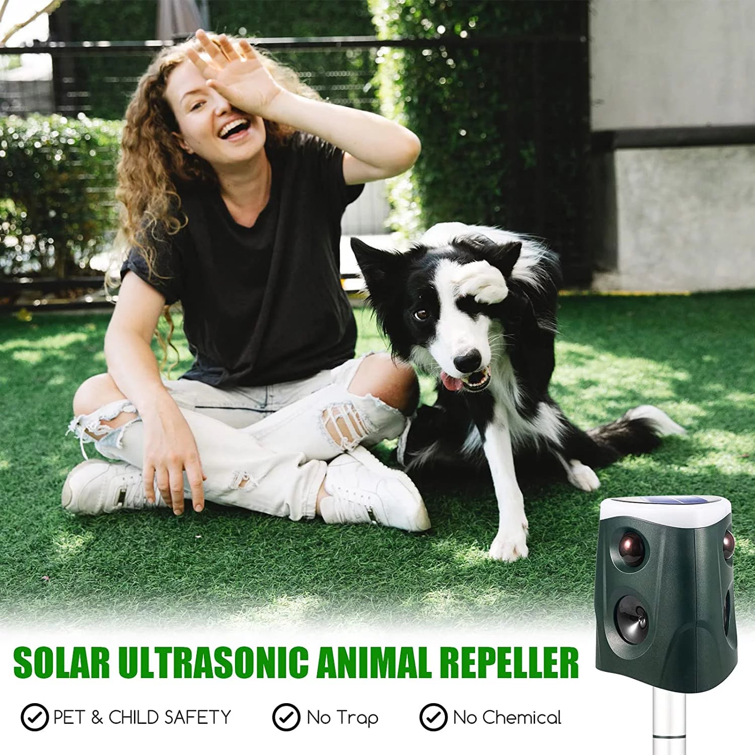Ultrasonic Animal Repeller Outdoor Waterproof with PIR Sensor and Strobe Light D732837