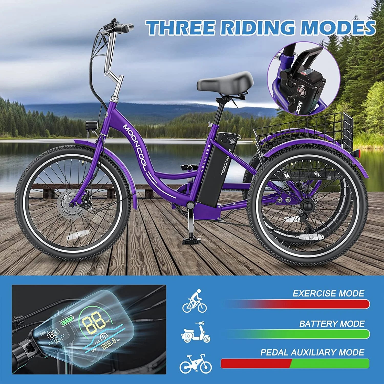 350W Electric Trike 7-Speed 3-Wheel Bicycle for Adults with Rear Basket A845073