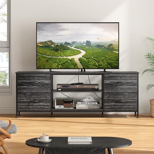 TV Stand with 4 Fabric Drawers and Open Shelves for 50" TV, Black Wood Veins I88170