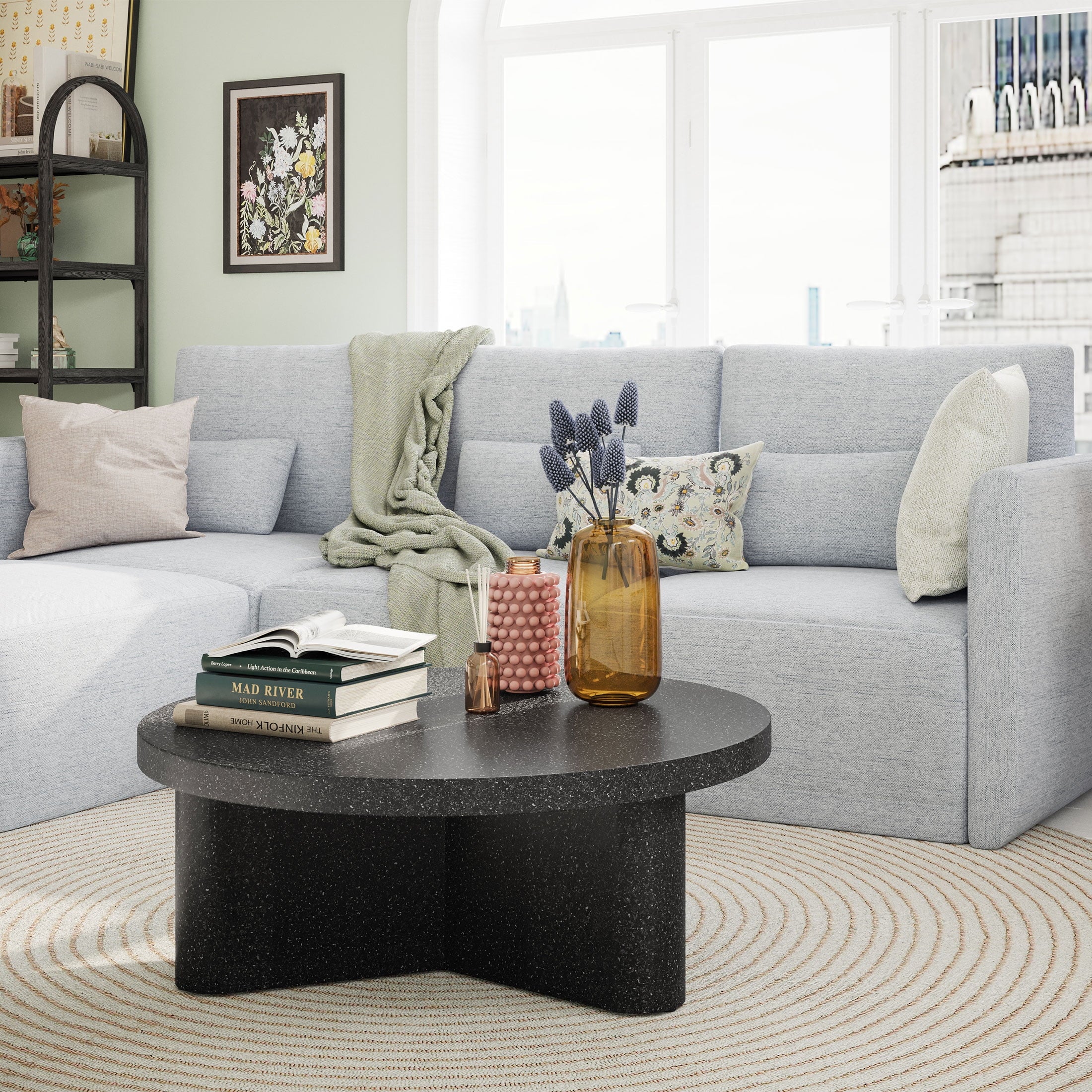 Modular Sectional Sofa with Ottoman, Gray Fabric C1383