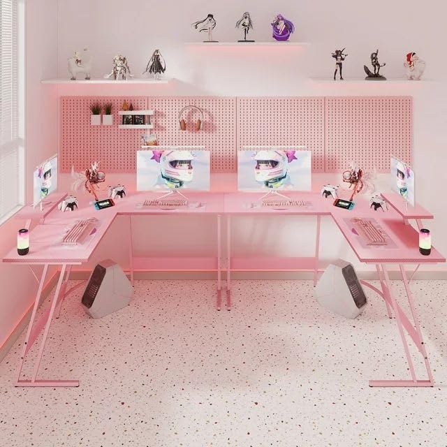 Pink L-Shaped Gaming Desk with Monitor Stand, 47 Inch Corner Computer Table H490
