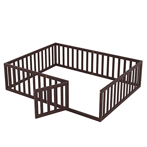 Twin Floor Bed Frame with Safety Fence, Solid Wood J960722