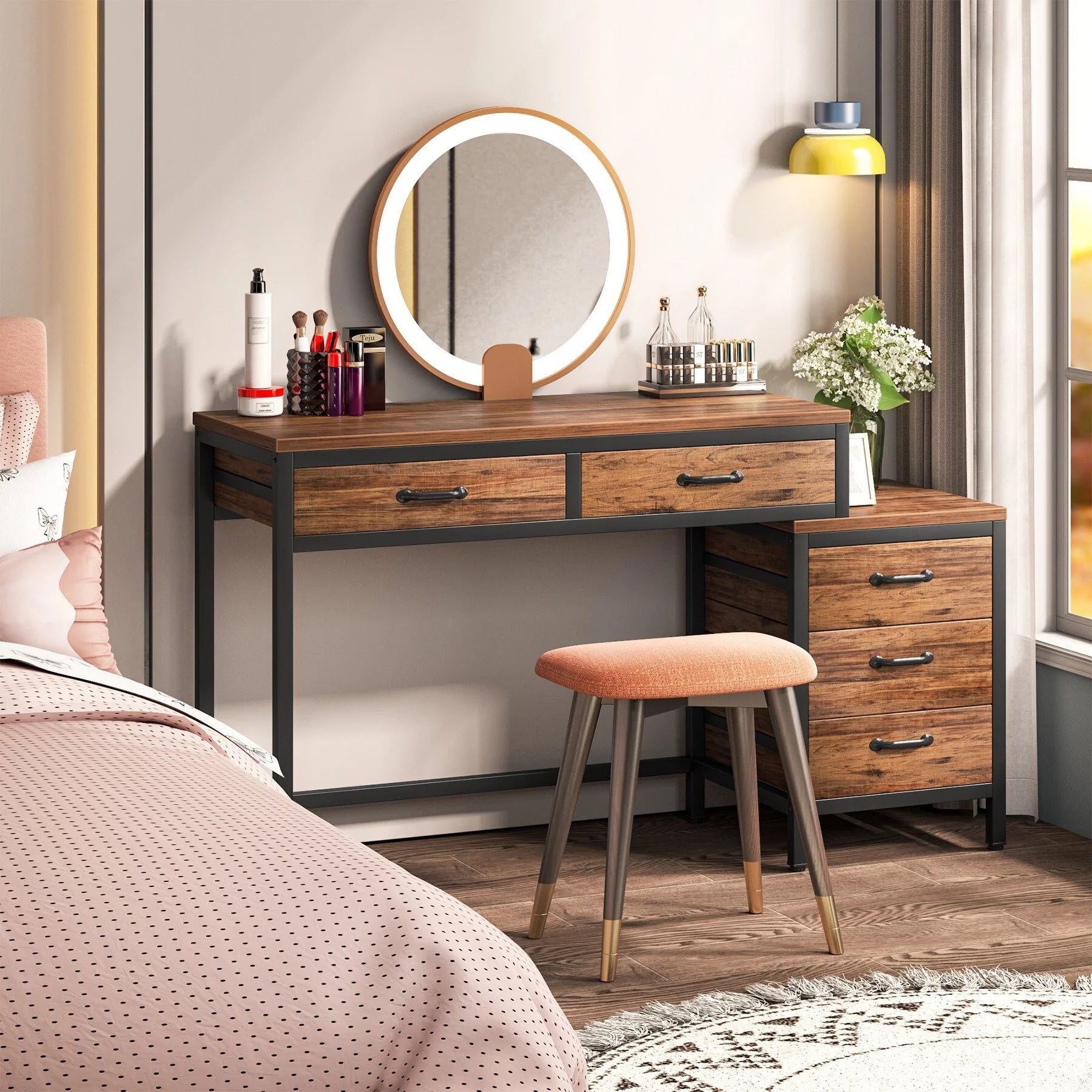 Reversible Computer Desk with 5 Drawers and File Cabinet T924345
