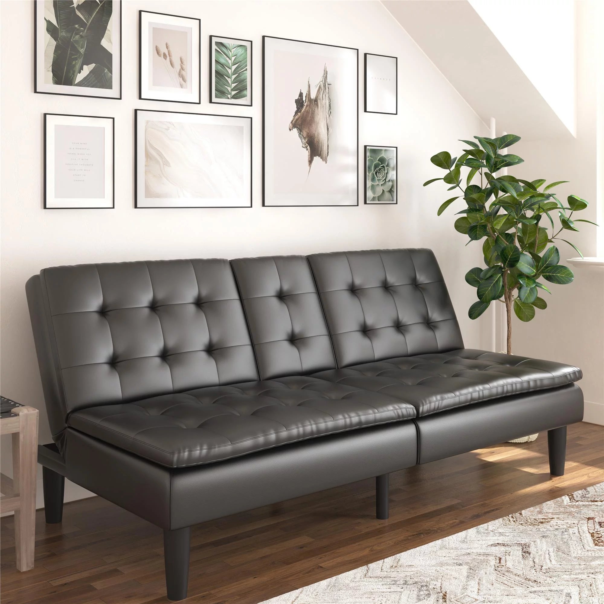 Memory Foam Futon with Cupholder and USB, Black Faux Leather Y2494