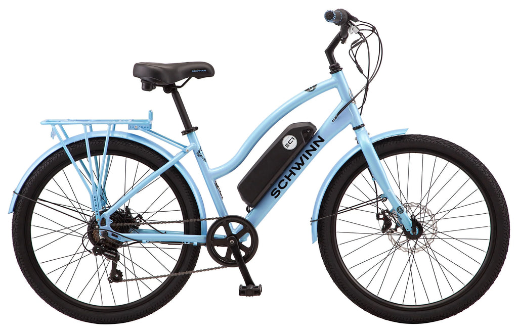 Schwinn 26" EC1 Electric Cruiser Bike for Adults, 7 Speeds, 250w Motor, Blue Ebike