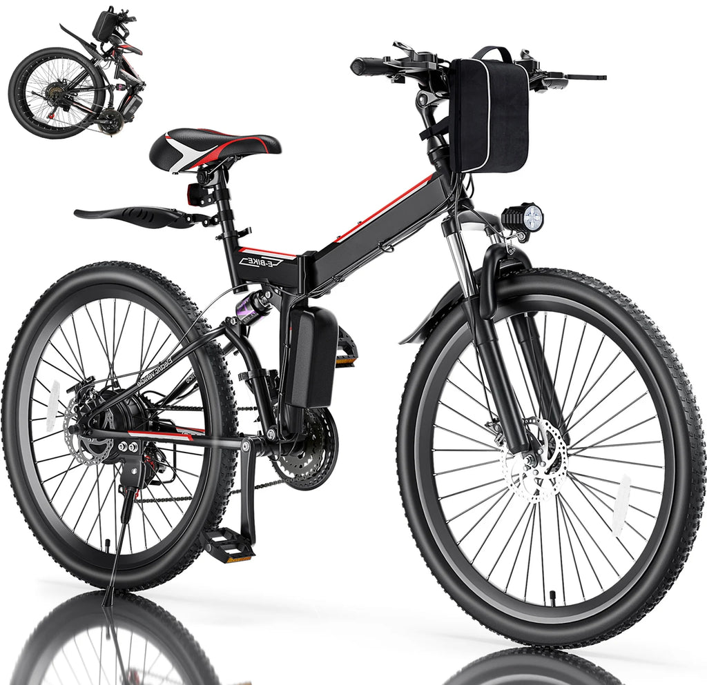 Elifine 500W 26" Electric Bike Folding Electric Mountain Bike for Adults, 48V 7.8Ah Battery Foldable Ebike, 21 Speed, Full Suspension Commuter E-bikes for Men Women with 5 Riding Modes