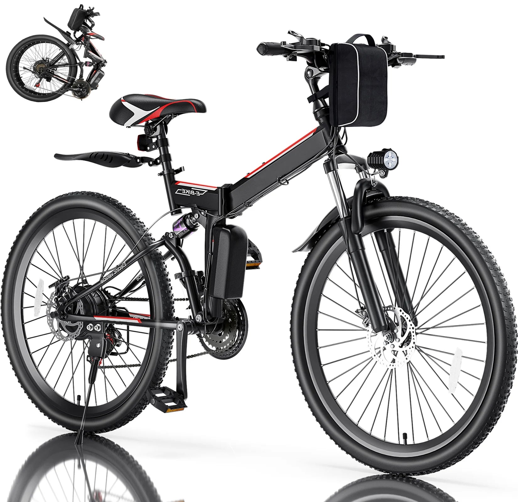 Elifine 500W 26" Electric Bike Folding Electric Mountain Bike for Adults, 48V 7.8Ah Battery Foldable Ebike, 21 Speed, Full Suspension Commuter E-bikes for Men Women with 5 Riding Modes