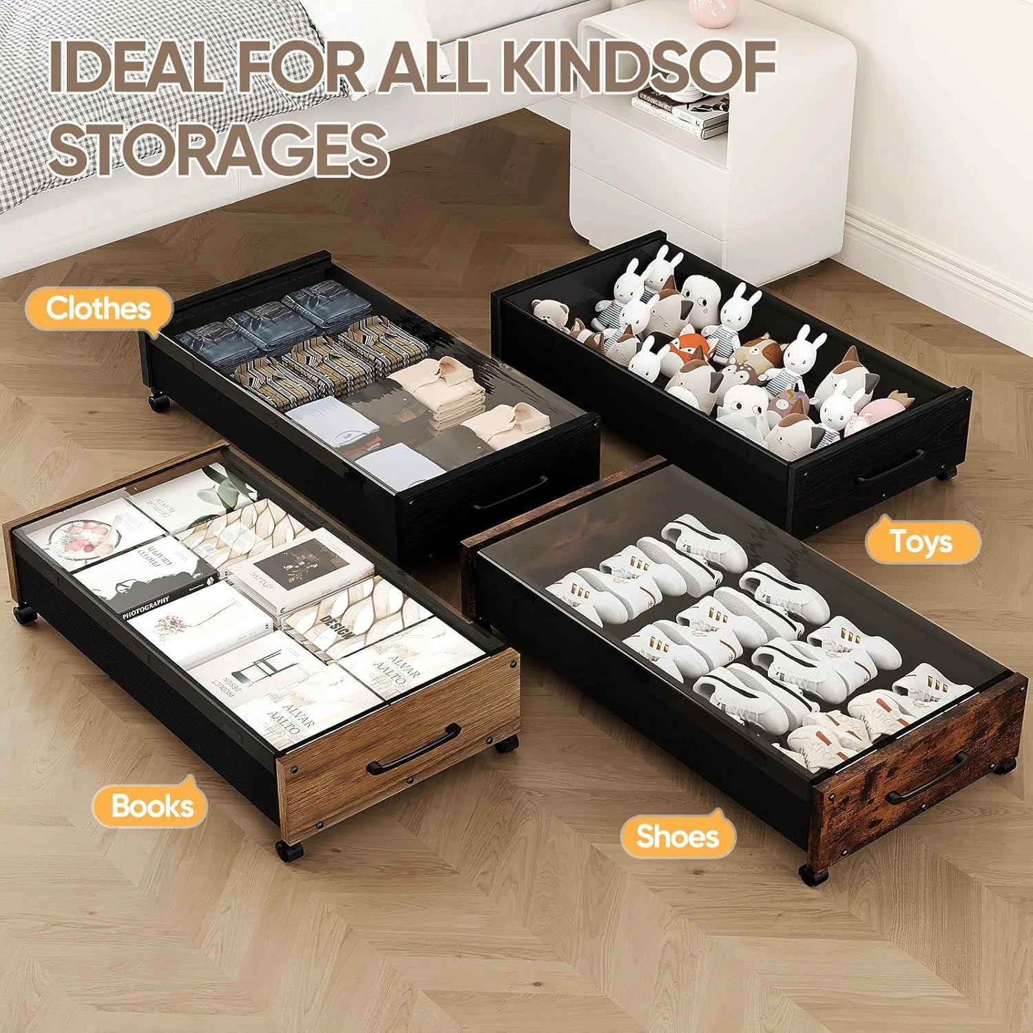 Under Bed Storage Bins with Wheels, 2 Pack, Removable Lid F871