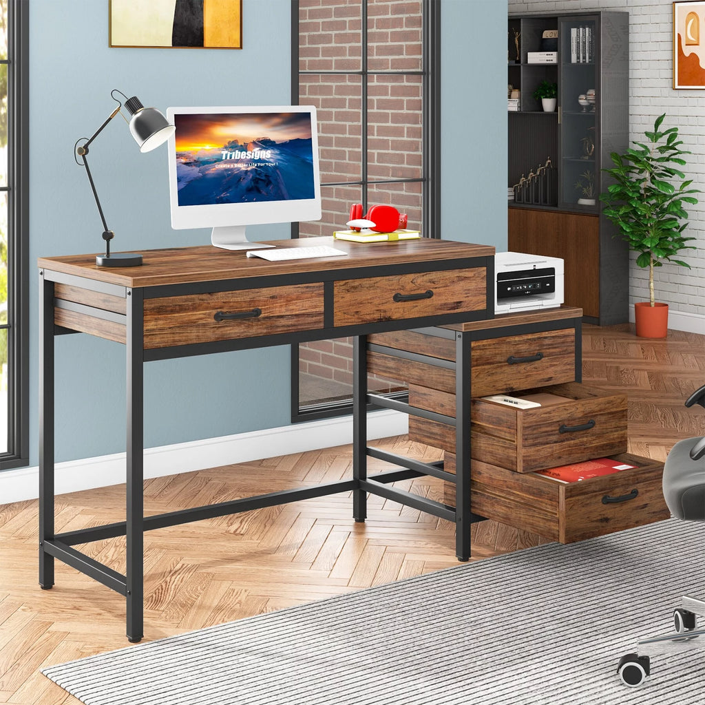Reversible Computer Desk with 5 Drawers and File Cabinet T924345