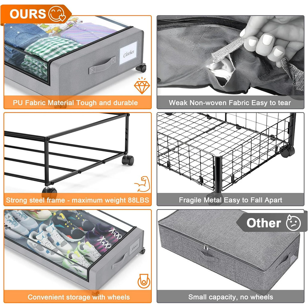 Under Bed Storage Containers with Wheels and Clear Lids, 60L, Gray E520558