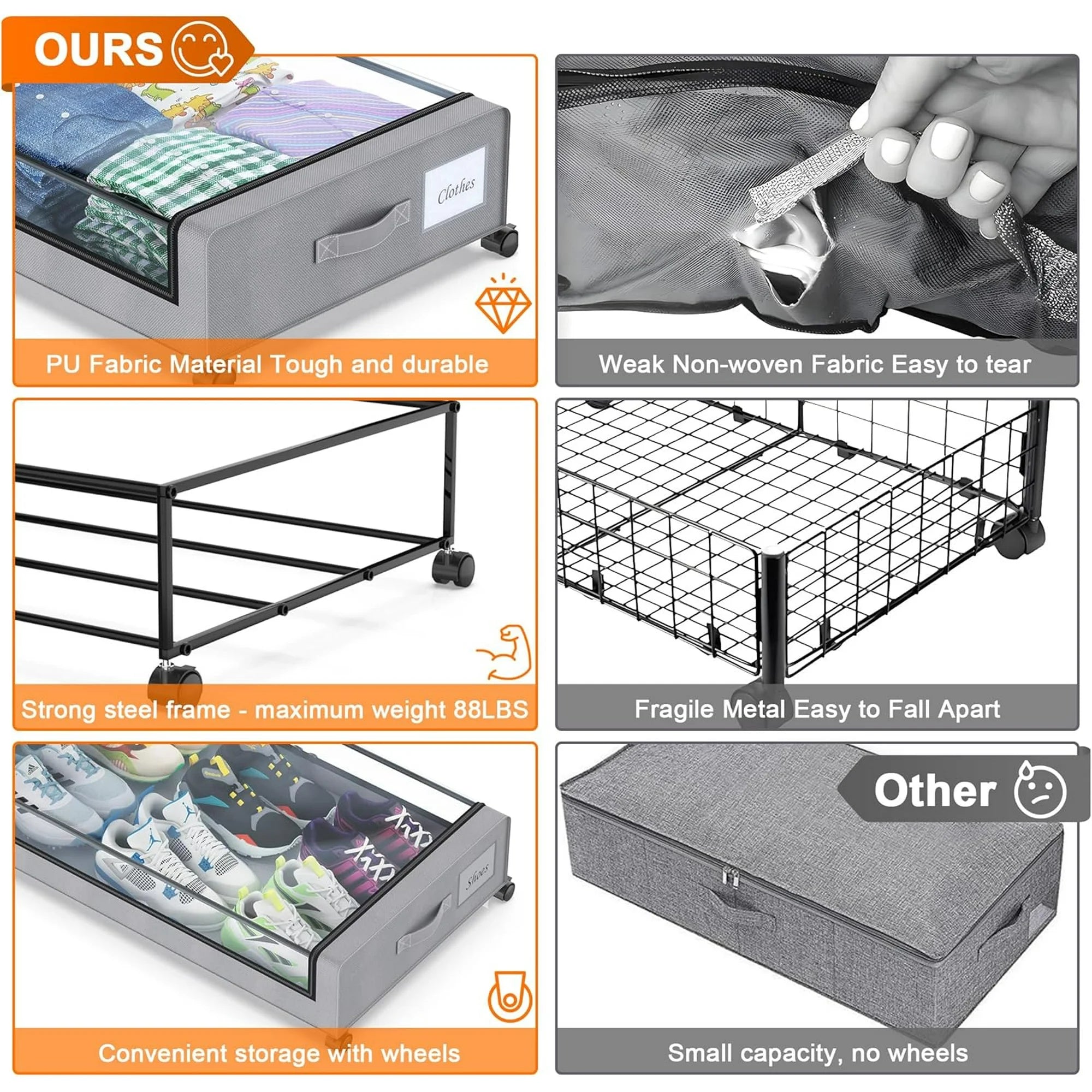 Under Bed Storage Containers with Wheels and Clear Lids, 60L, Gray E520558