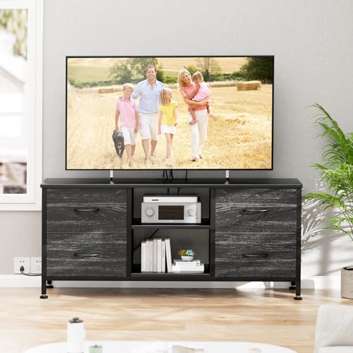 TV Stand with 4 Fabric Drawers and Open Shelves for 50" TV, Black Wood Veins I88170