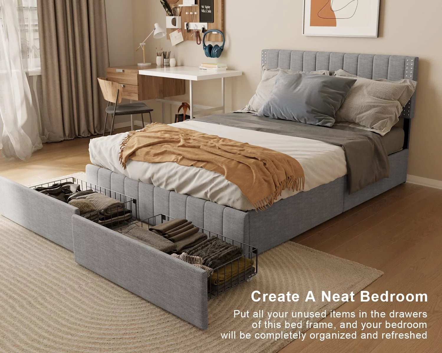 Full Size Bed Frame with Storage Drawers and Adjustable Headboard G6983