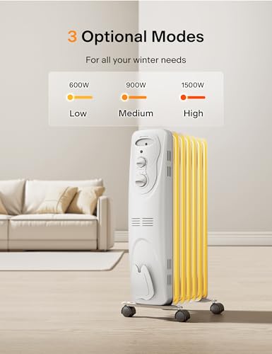 Oil Filled Radiator Heater for Indoor Use, 1500W, 3 Heat Settings, Black L661109