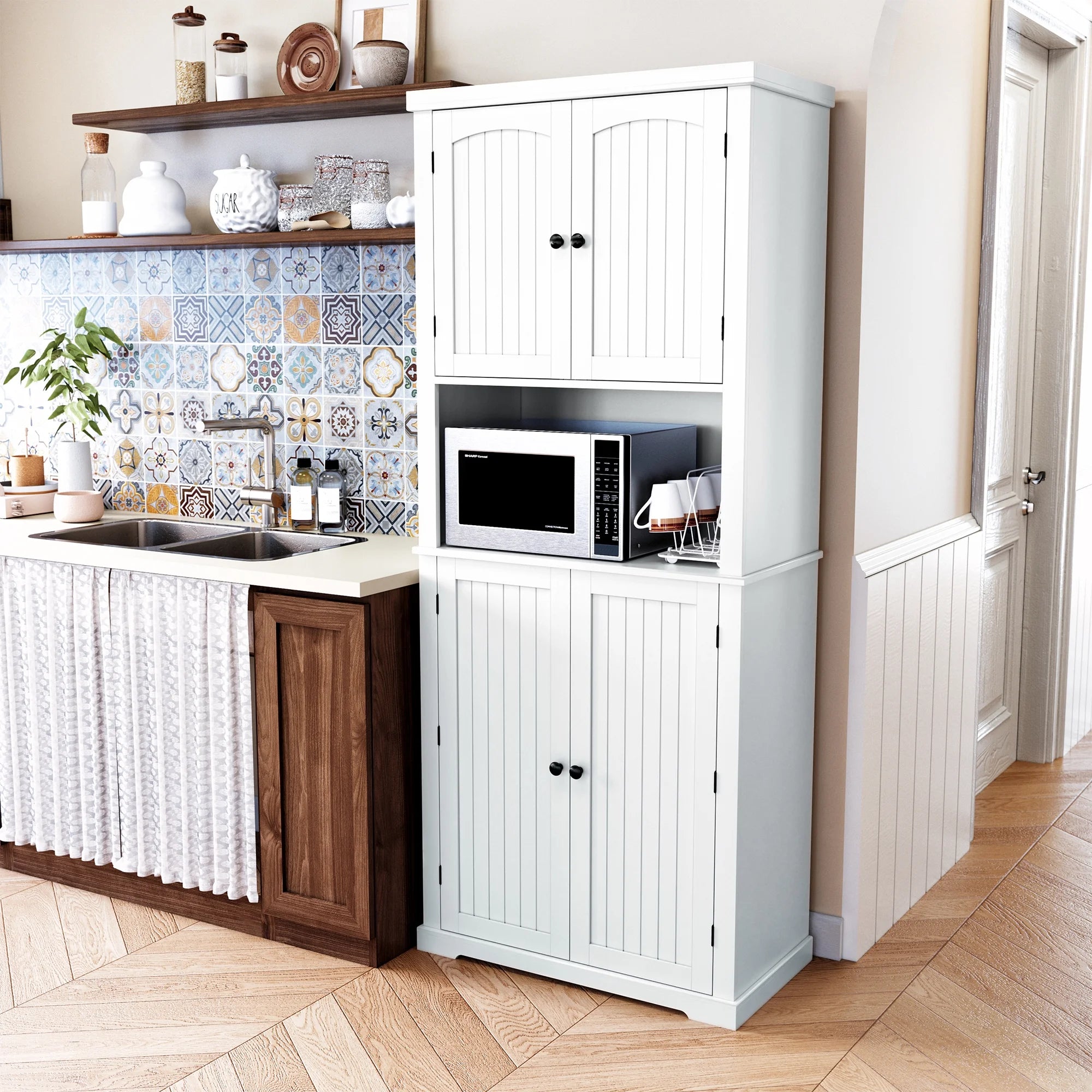 72" Kitchen Pantry Storage Cabinet with Microwave Stand and Shelves N568
