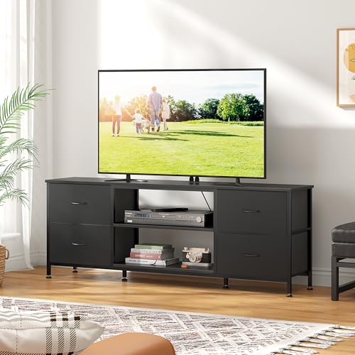 TV Stand with 4 Fabric Drawers and Open Shelves for 50" TV, Black Wood Veins I88170