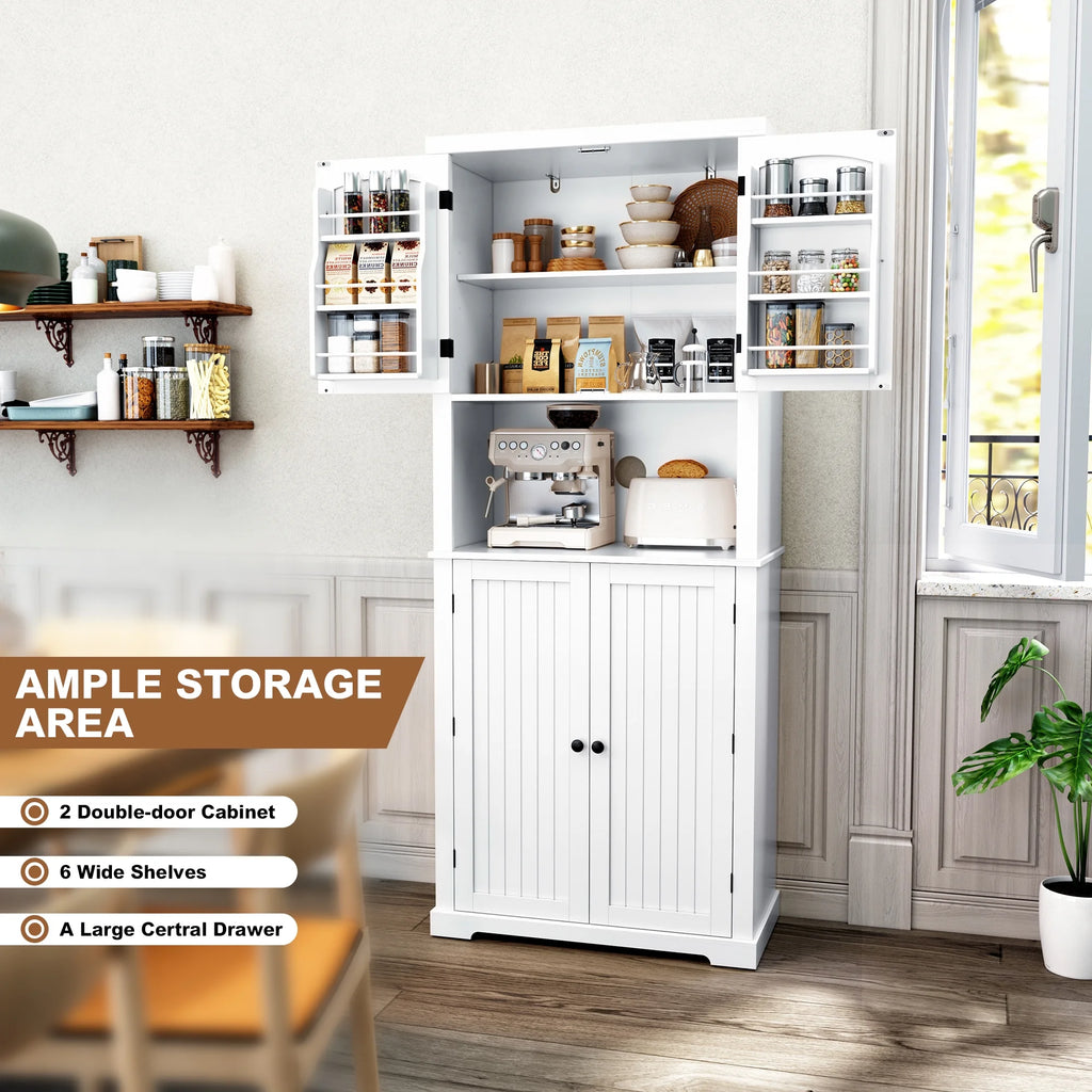 72" Kitchen Pantry Storage Cabinet with Microwave Stand and Shelves N568