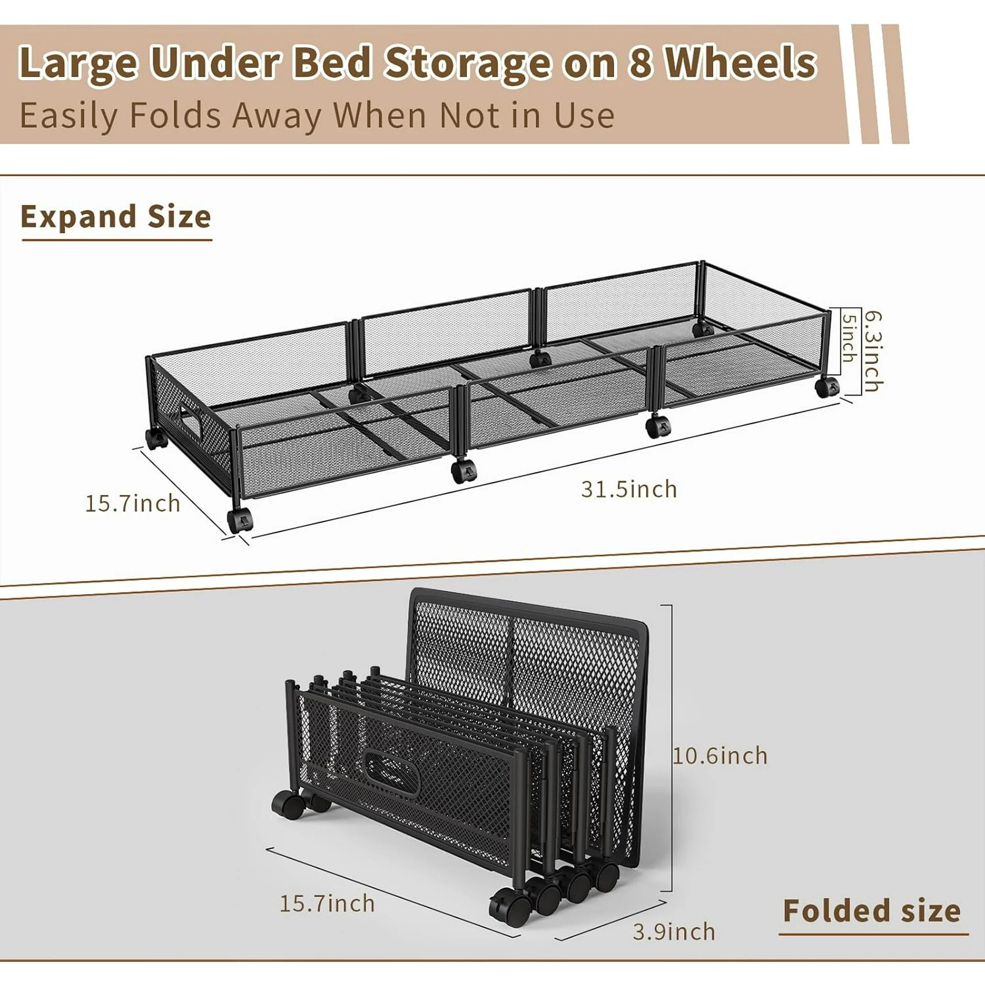 Under Bed Storage on Wheels, Large Capacity Rolling Containers, Foldable Drawers Y925938