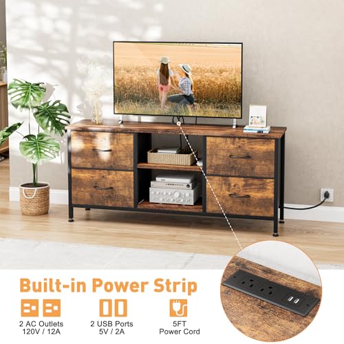 TV Stand with 4 Fabric Drawers and Open Shelves for 50" TV, Black Wood Veins I88170