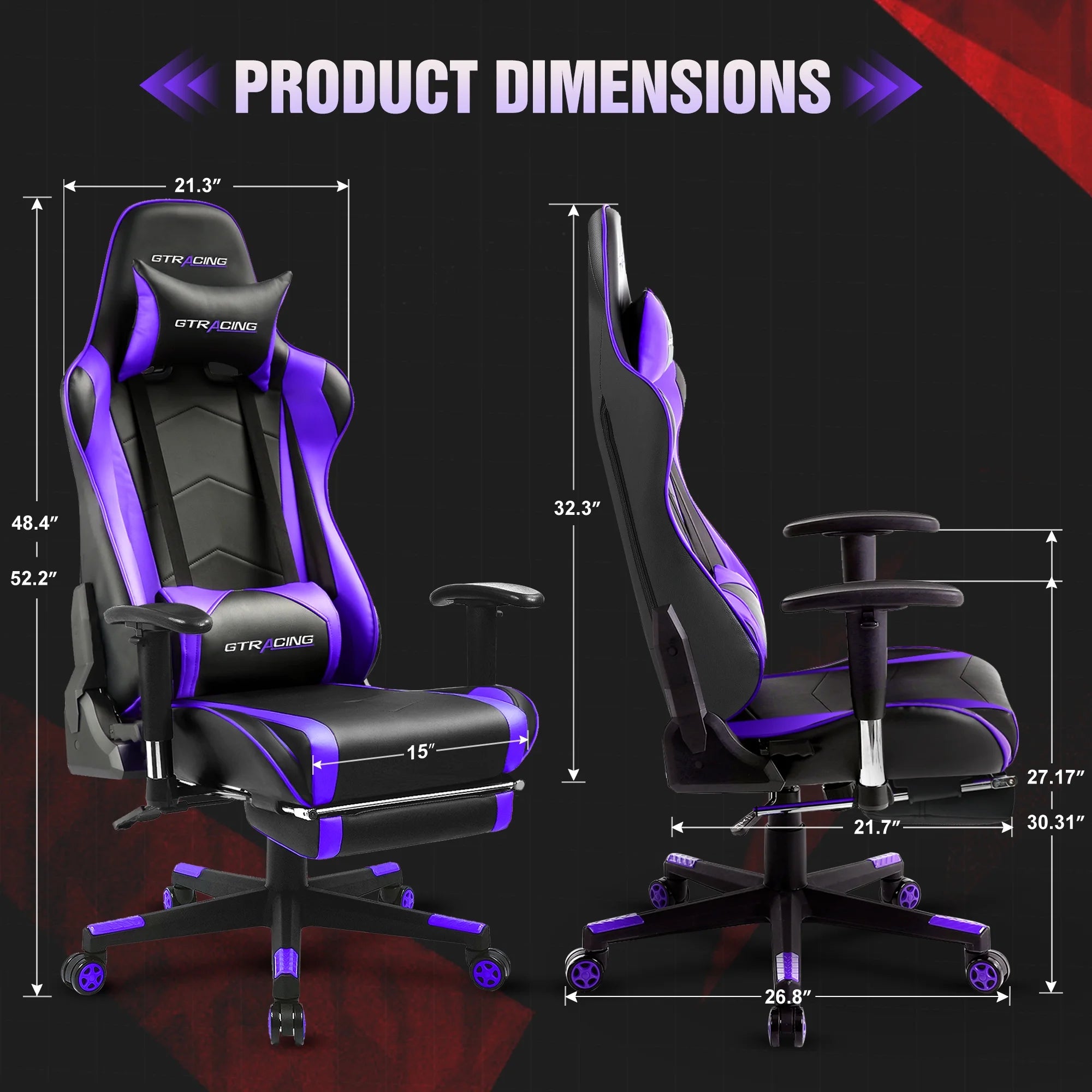Gaming Chair with Footrest, PU Leather, Adjustable Headrest, Purple K923747