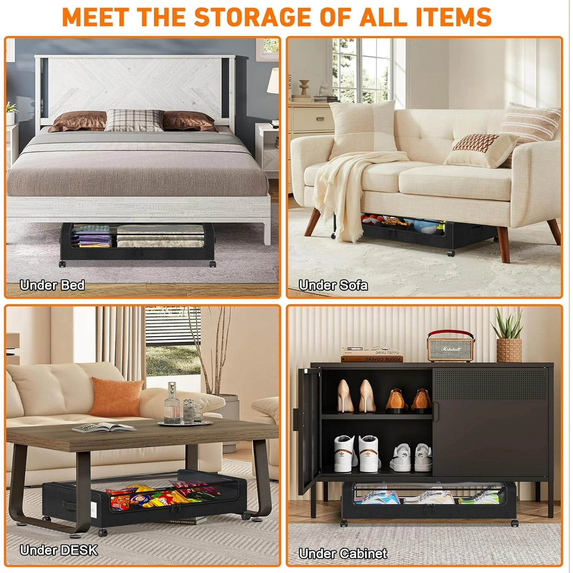 Under Bed Storage Containers with Wheels and Clear Lids, 60L, Gray E520558