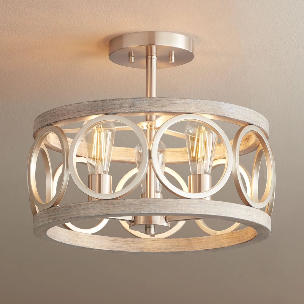 Franklin Iron Works Salima Rustic Farmhouse Ceiling Light Semi Flush Mount 16" Wide Brushed Nickel Gray Wood 3-Light LED for Bedroom Living Room House