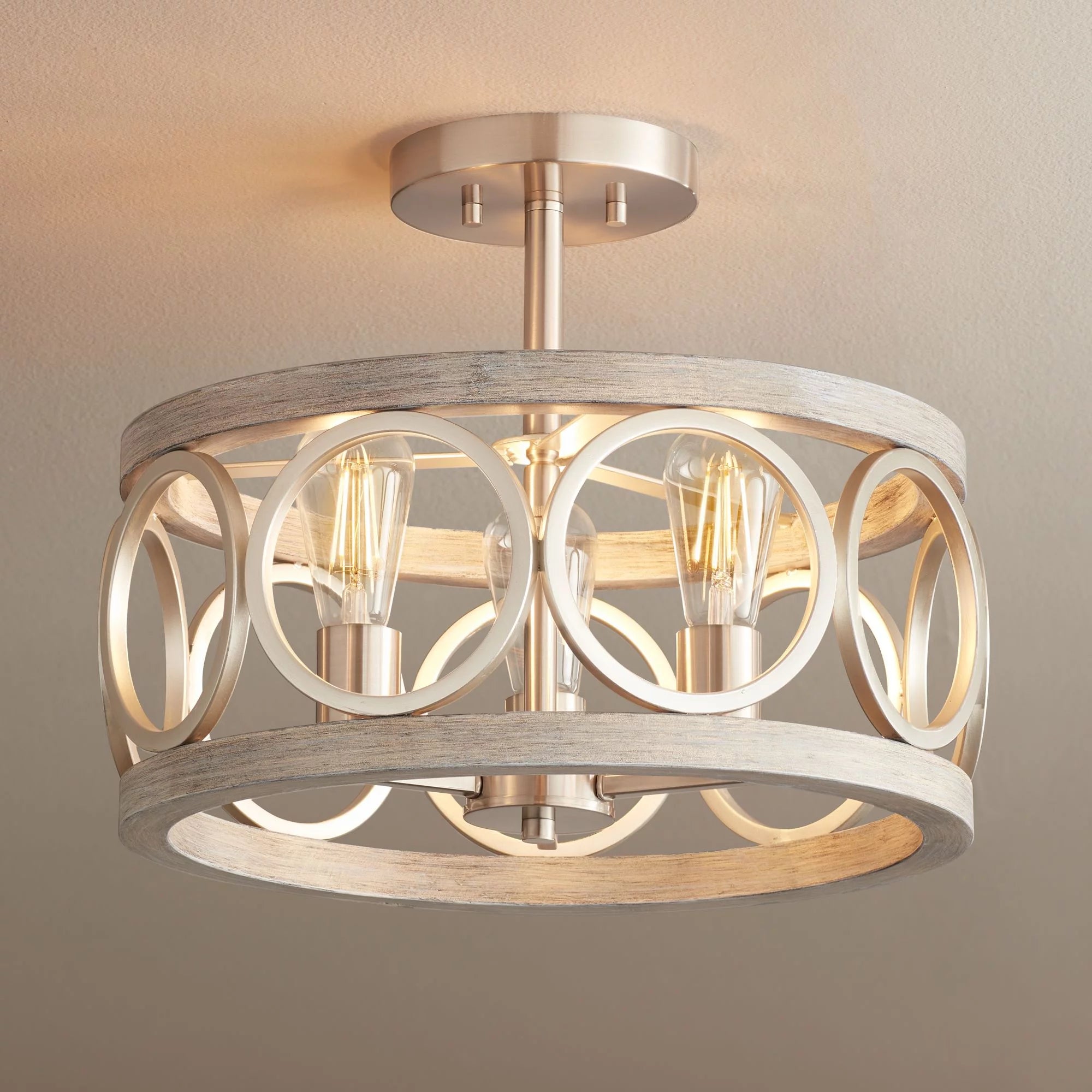Franklin Iron Works Salima Rustic Farmhouse Ceiling Light Semi Flush Mount 16" Wide Brushed Nickel Gray Wood 3-Light LED for Bedroom Living Room House