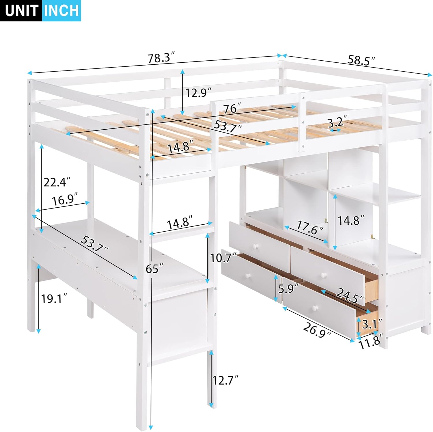 Full Loft Bed with Built-in Desk and Storage Shelves Z5593